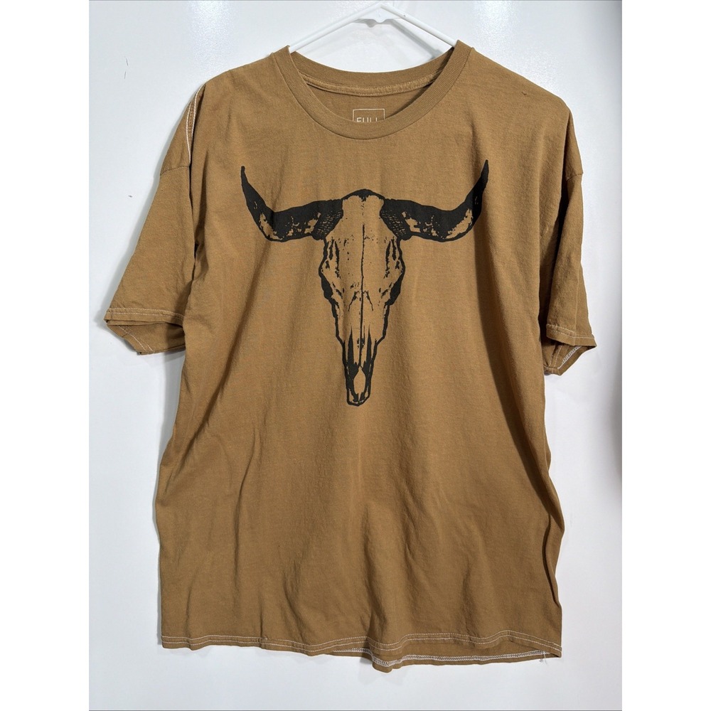 FULL TILT.  T Shirt Mens L Short Sleeve Cow Bull Skull Skeletons Brown ‎ Head
